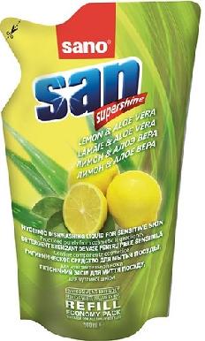 Sanosan Lemon 15% Refill Bag. Гигиеническое средство для мытья посуды с ароматом "Лимон- Алоэ Вера" запасной блок 500мл